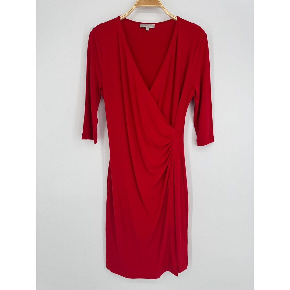 Anatomie Marine Travel Dress Medium Atomic Red Ruched Faux Wrap V-Neck Stretch - Picture 3 of 9